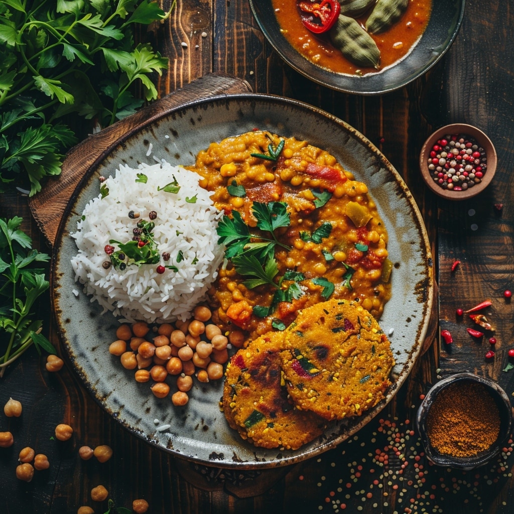 Dahl de lentilles corail noix de coco et galettes de pois chiches