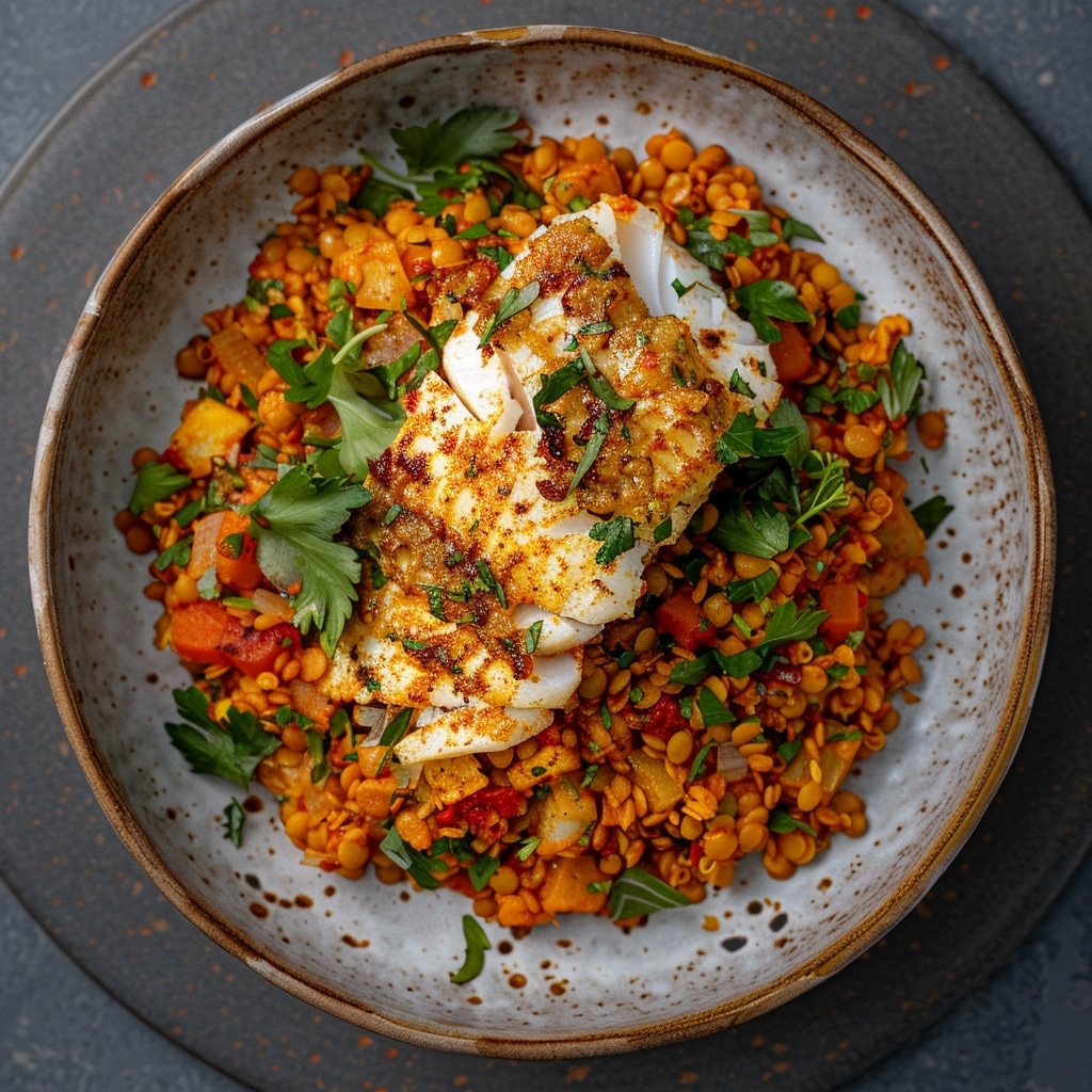 Duo de lentilles corail riz aux épices – émietté de cabillaud