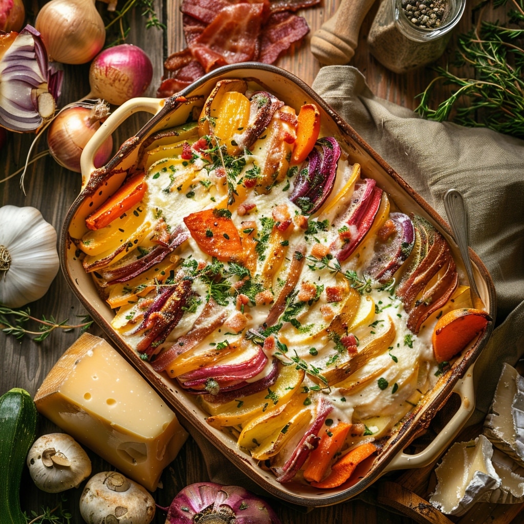 Gratin de légumes d’hiver – chèvre et lardons