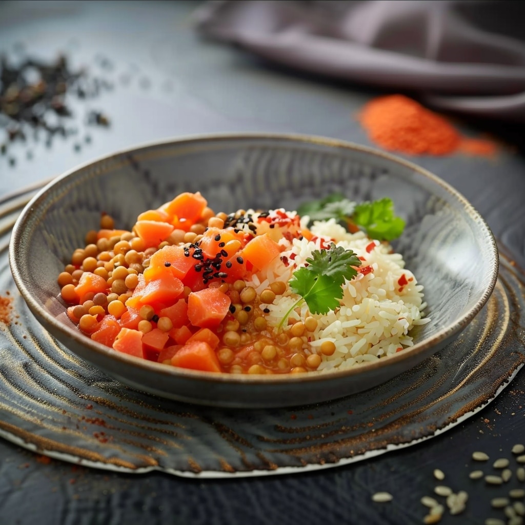 La base du plat : riz et lentilles corail aux épices