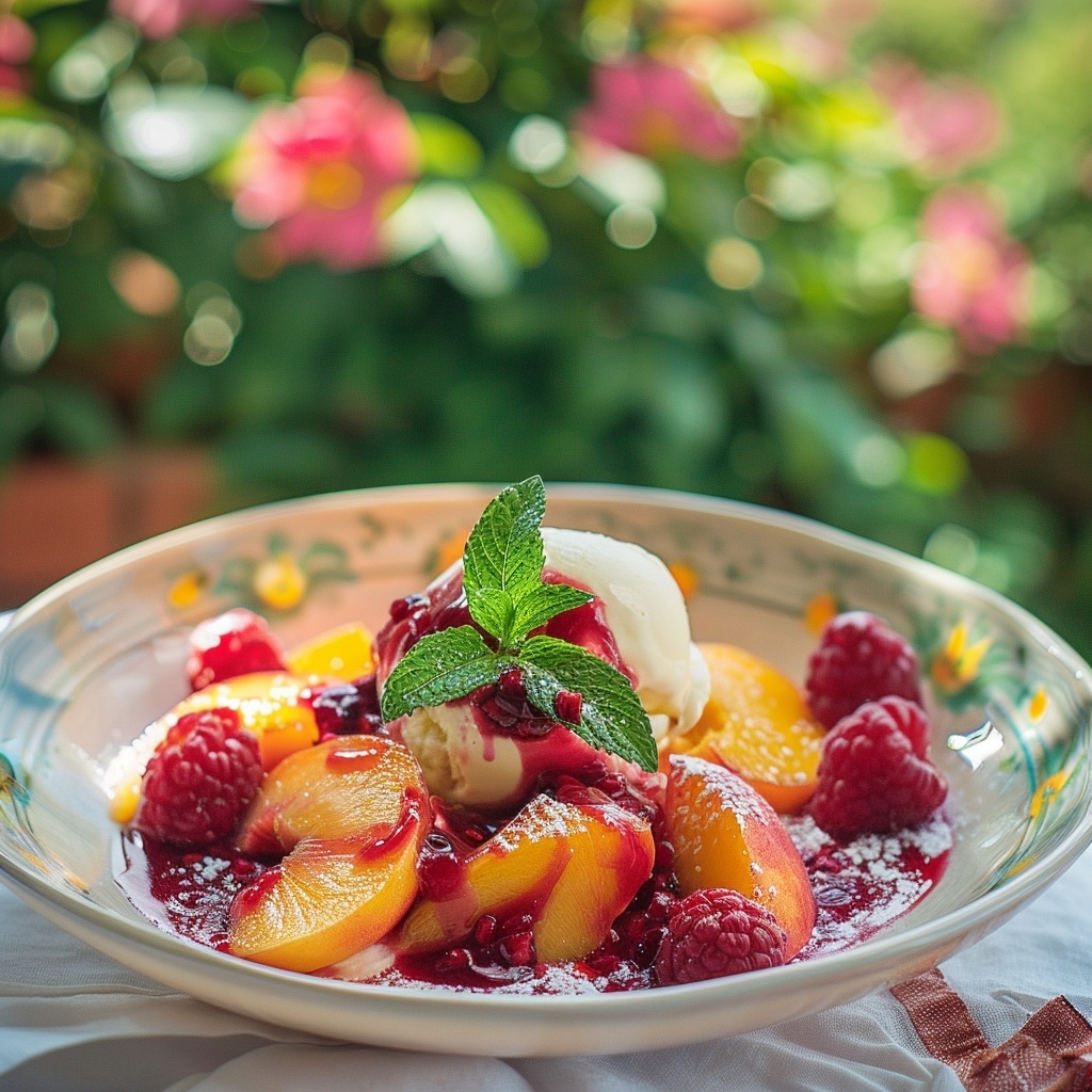 Pêche Melba à la verveine et aux framboises