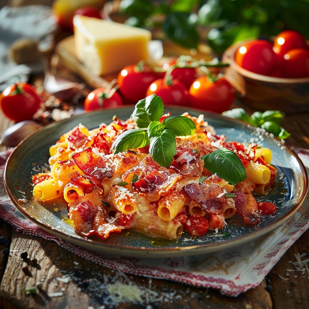 Prix engagé : Gratin de pâtes – lardons sauce tomate