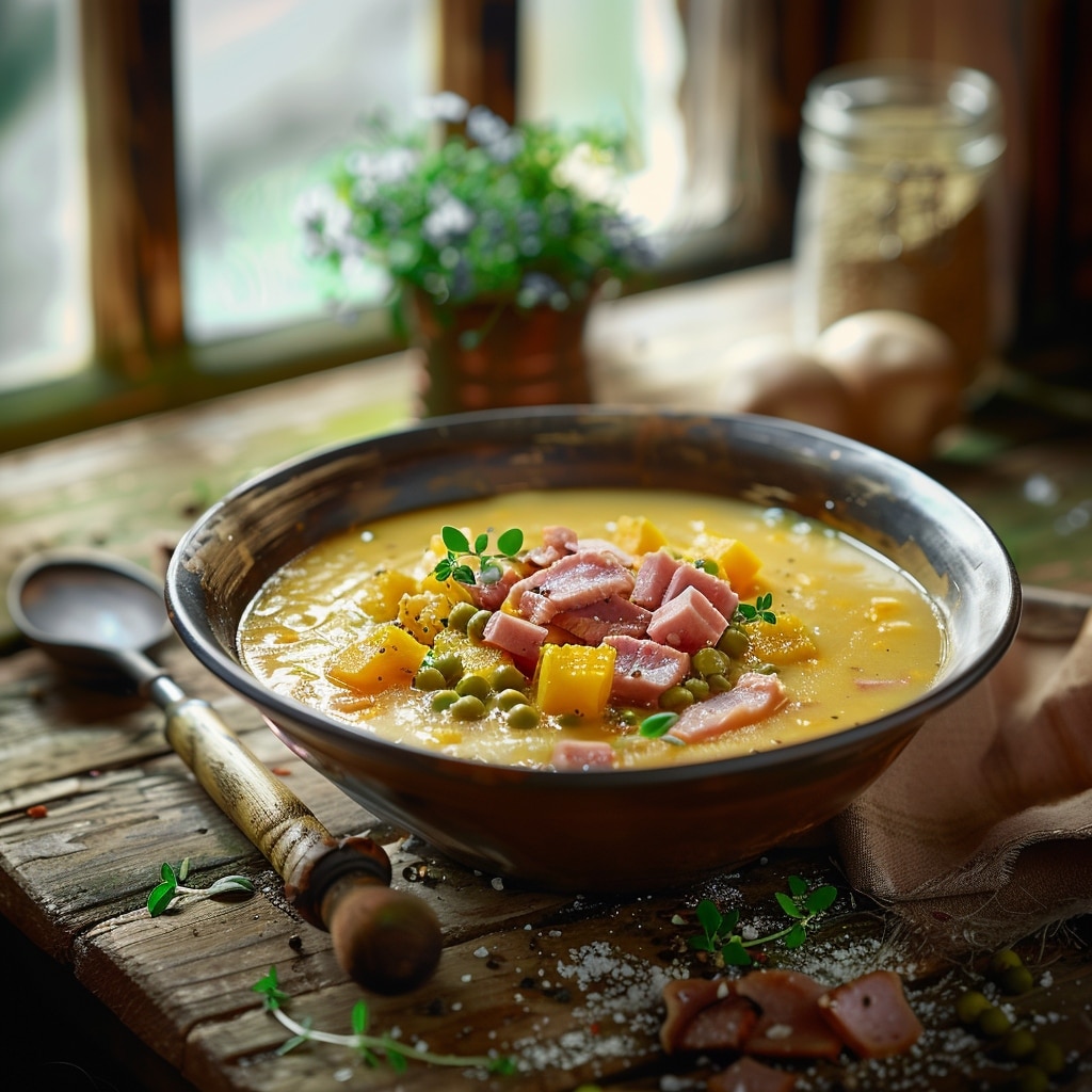Velouté de courge et pois cassés au jambon croustillant